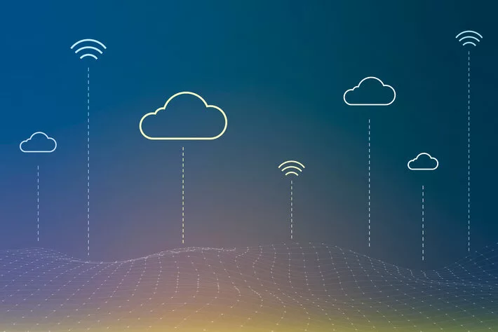 cloud and wifi icons floating on a blue and yellow backgroud