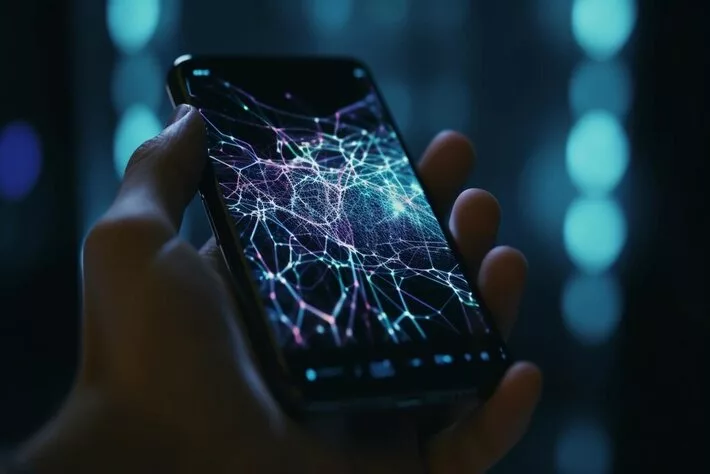 hand holding smart phone texting dark