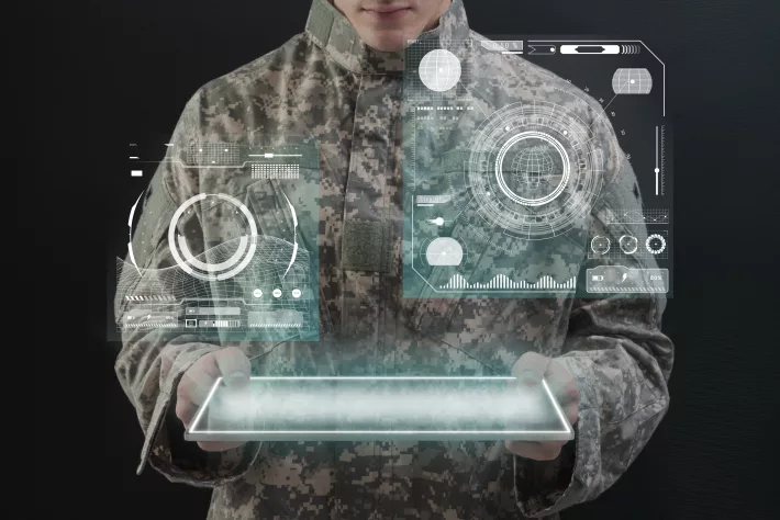 Soldier using virtual tablet hologram army technology
