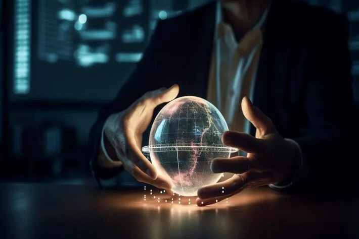 global businessman holding glowing sphere futuristic communication concepts