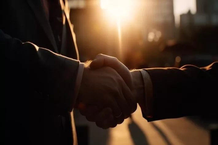 successful businessmen shaking hands front building