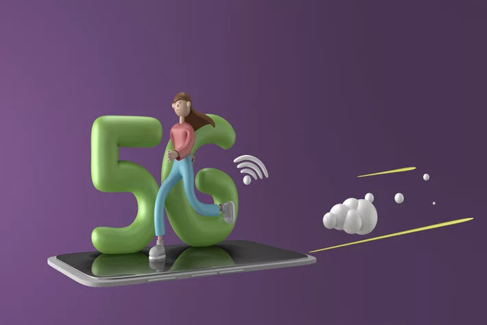 3D illustration of People with gadget use high-speed Internet. 5G network wireless technology concept. 3D cartoon character.