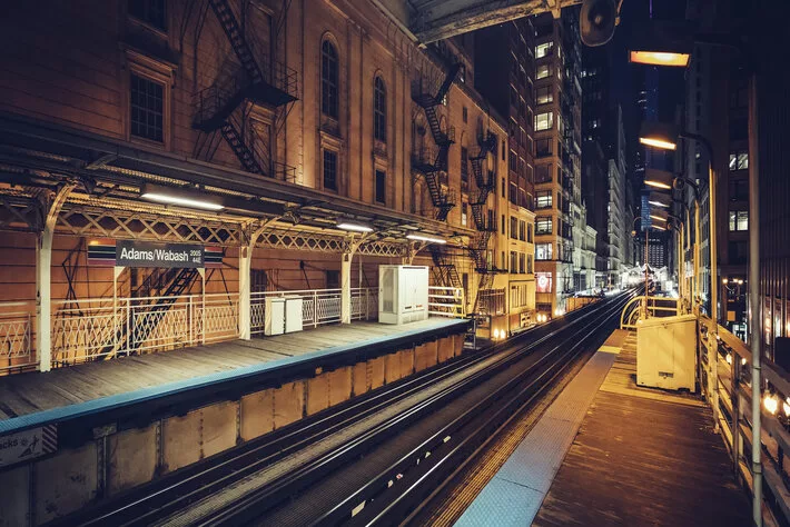 Panoramic view of Train line towards Chicago Loop in Chicago by night, USA